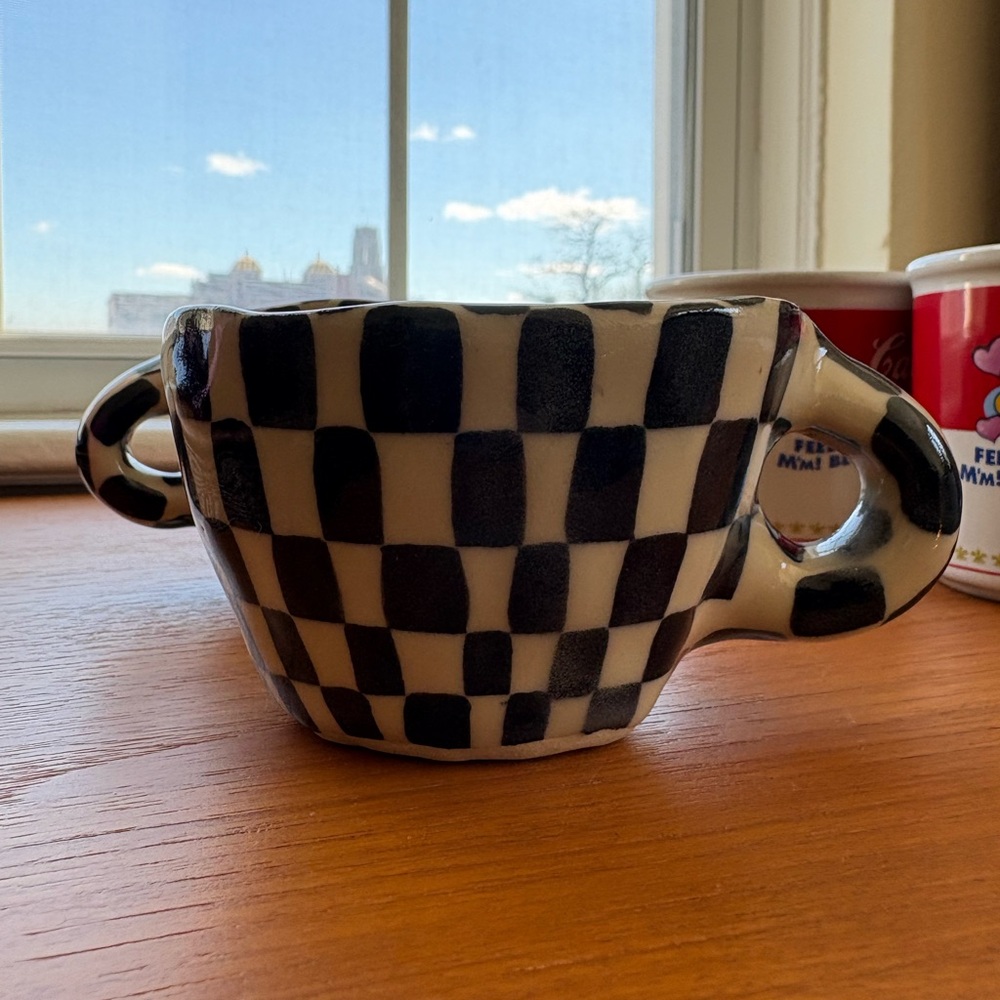 Hand-Painted Black and Cream Checkered Ceramic Mugs
